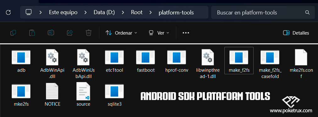Carpeta Platform-Tools de Android extraída en Windows